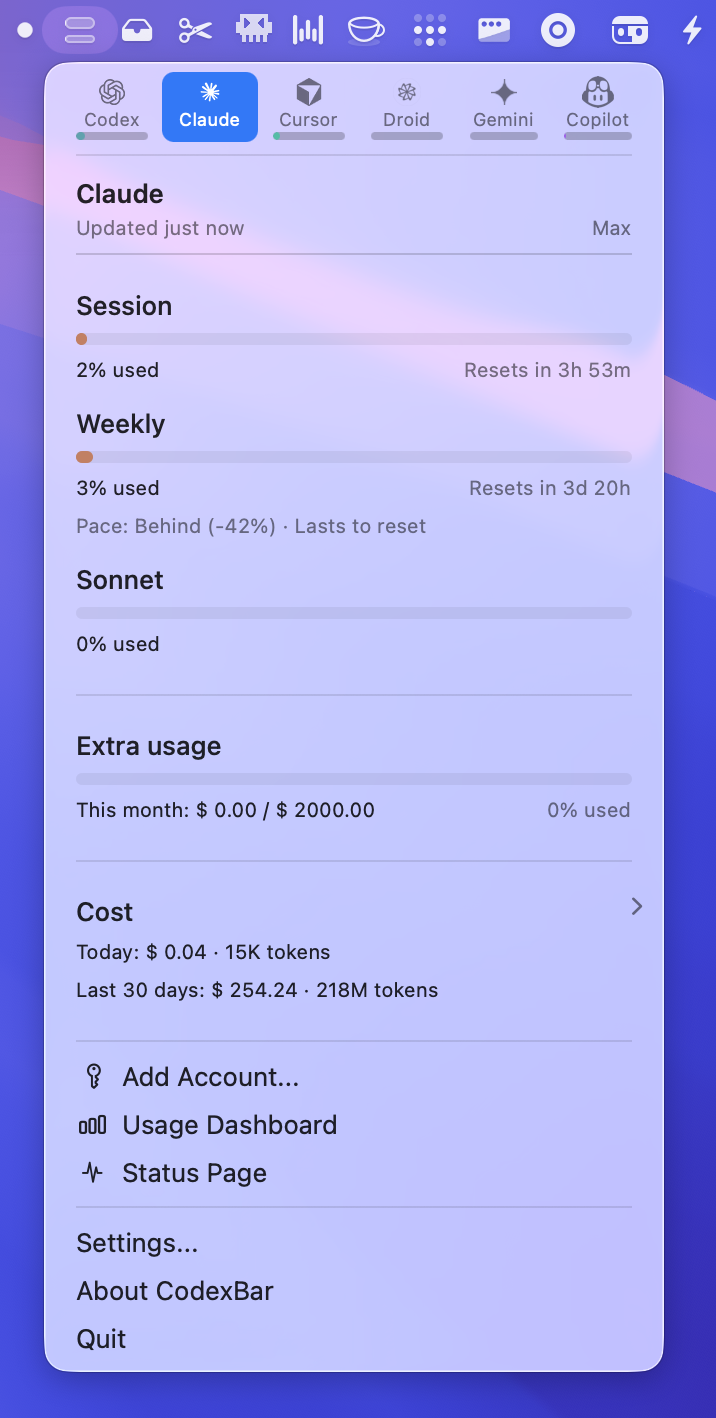 CodexBar menu bar usage view