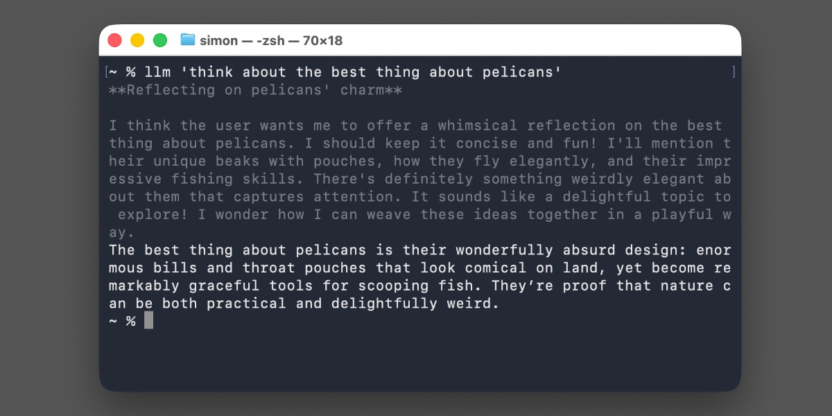 LLM 0.32 running a model and displaying its reasoning in the terminal