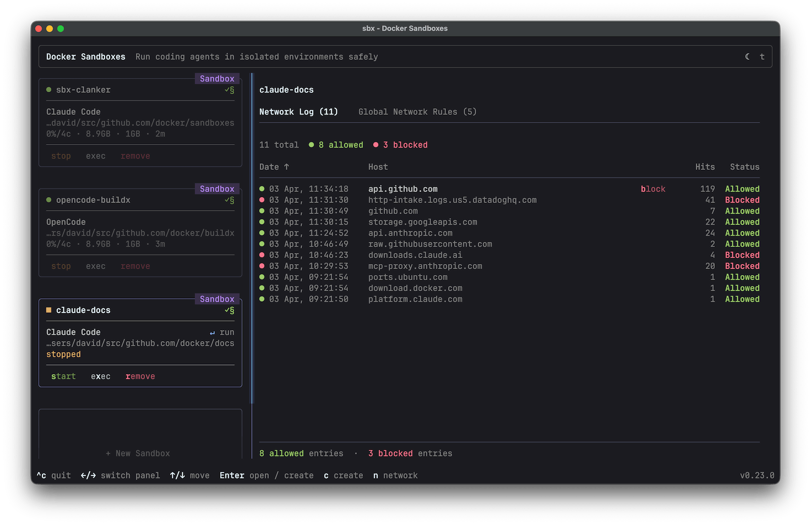 Docker Sandbox dashboard showing isolated agent status and network controls