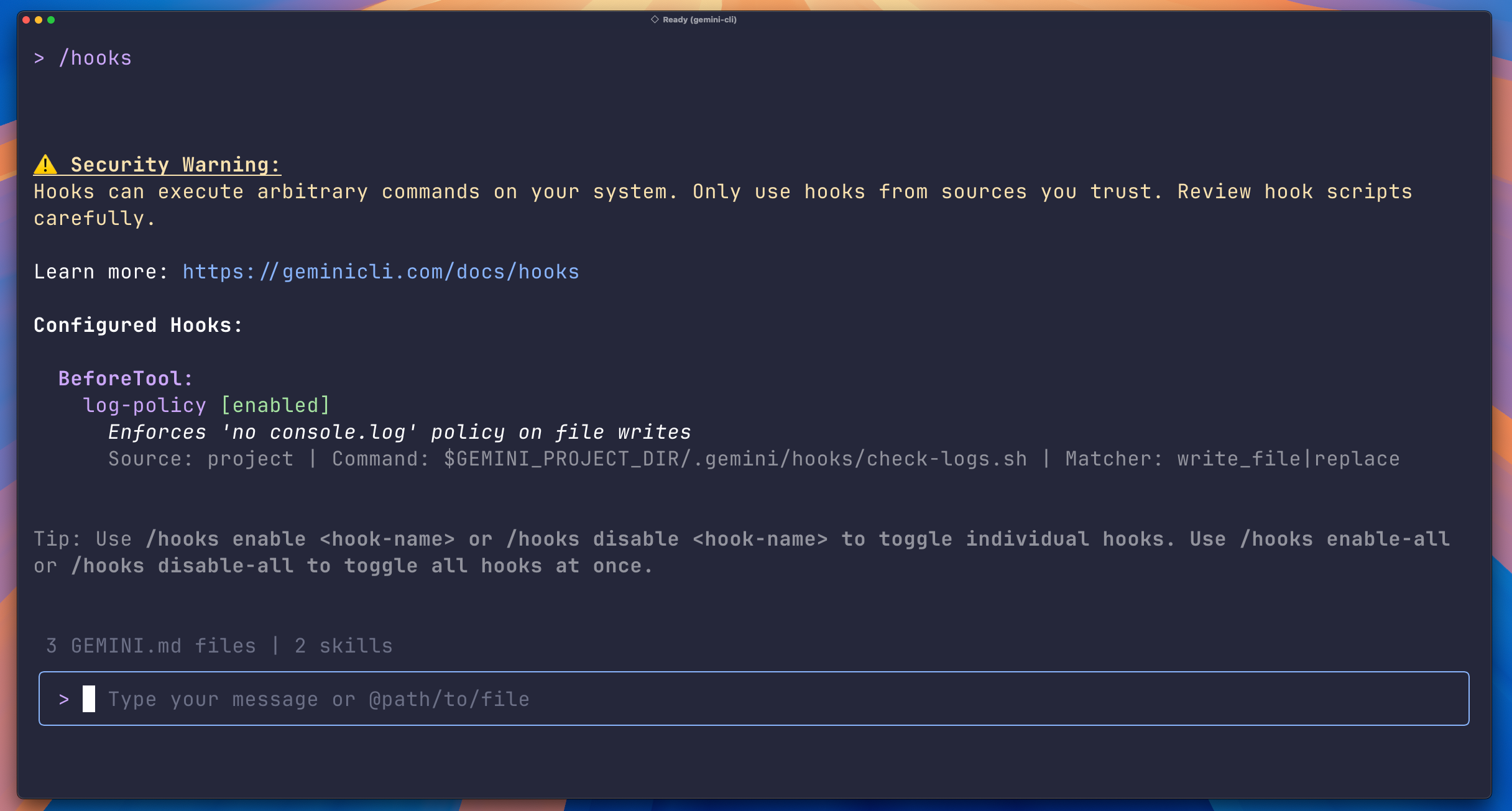 Gemini CLI's hooks panel and lifecycle controls